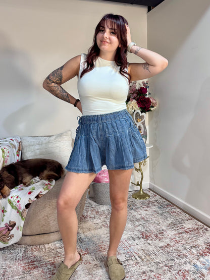 Paisley Pleated Denim Shorts with Elastic Waist