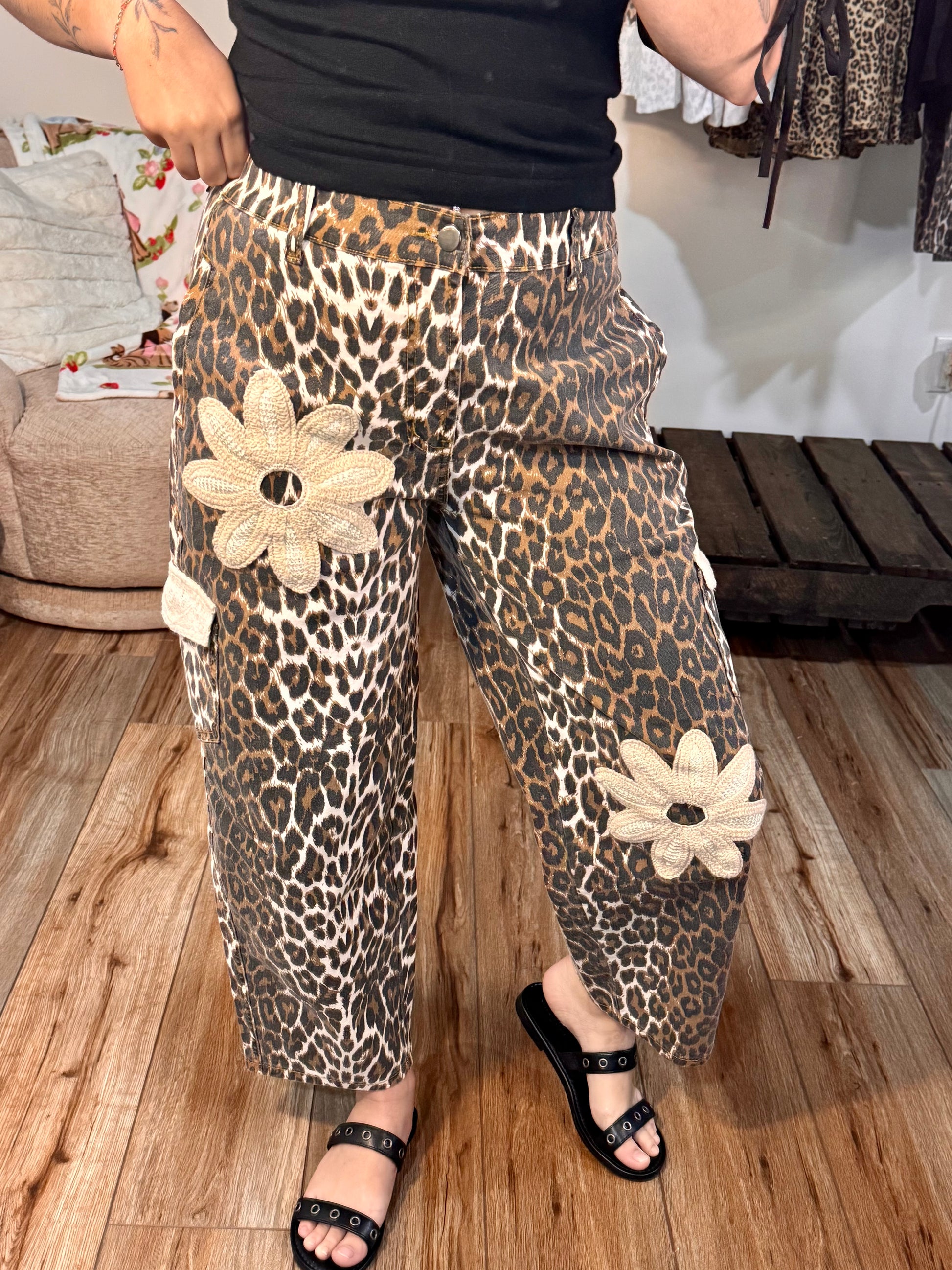 Leopard Print Barrel Pants with Crochet Floral Patches