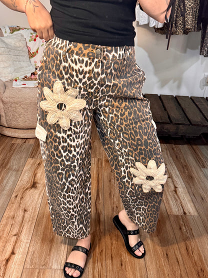 Leopard Print Barrel Pants with Crochet Floral Patches