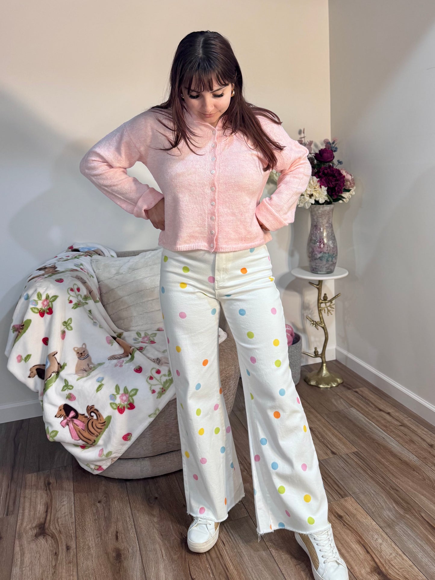 COMFORT STRETCH PASTEL POLKA DOT WIDE LEG JEANS