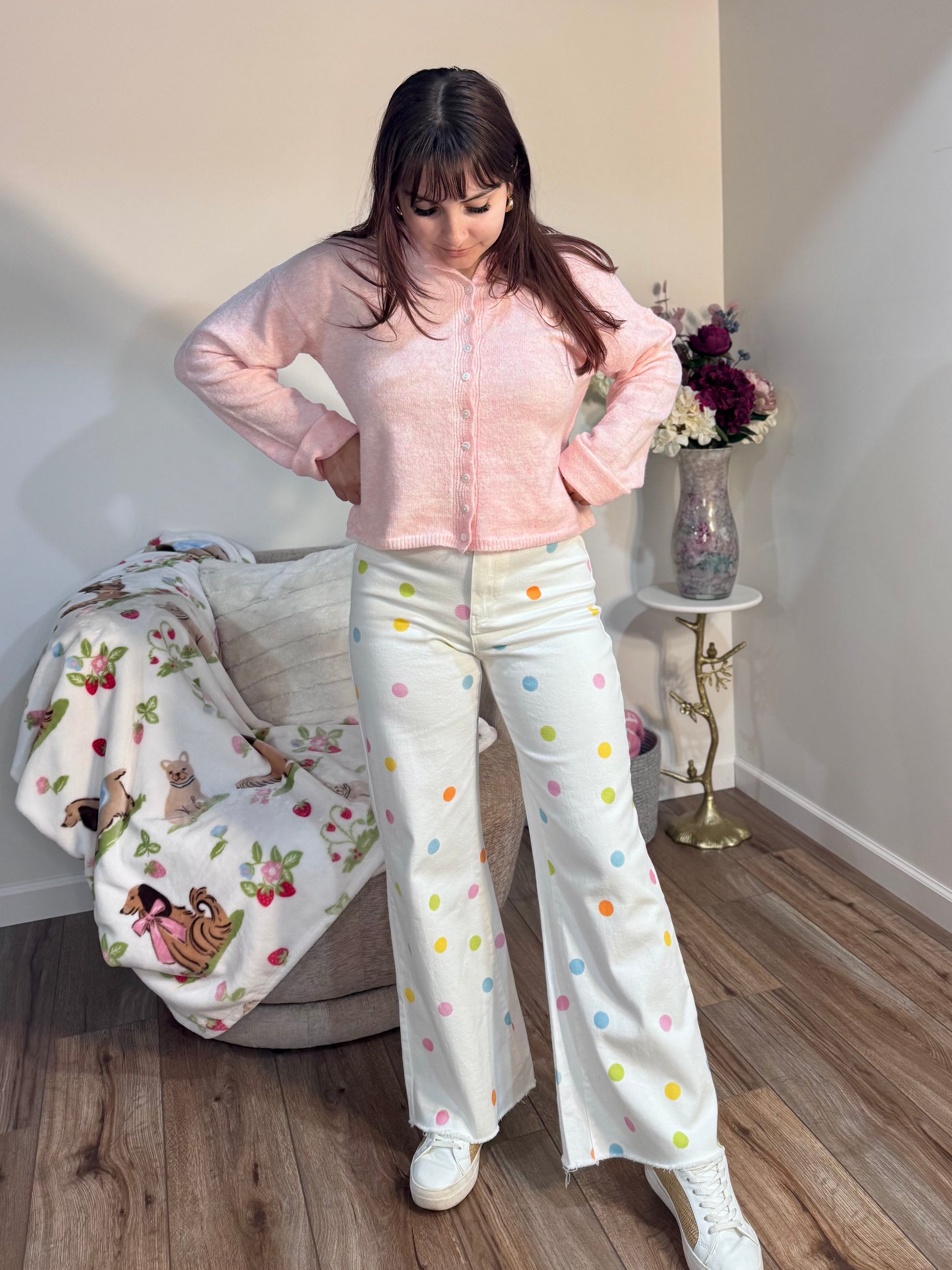 COMFORT STRETCH PASTEL POLKA DOT WIDE LEG JEANS