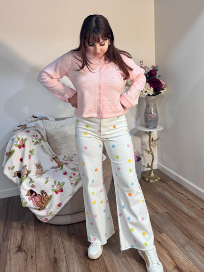 COMFORT STRETCH PASTEL POLKA DOT WIDE LEG JEANS