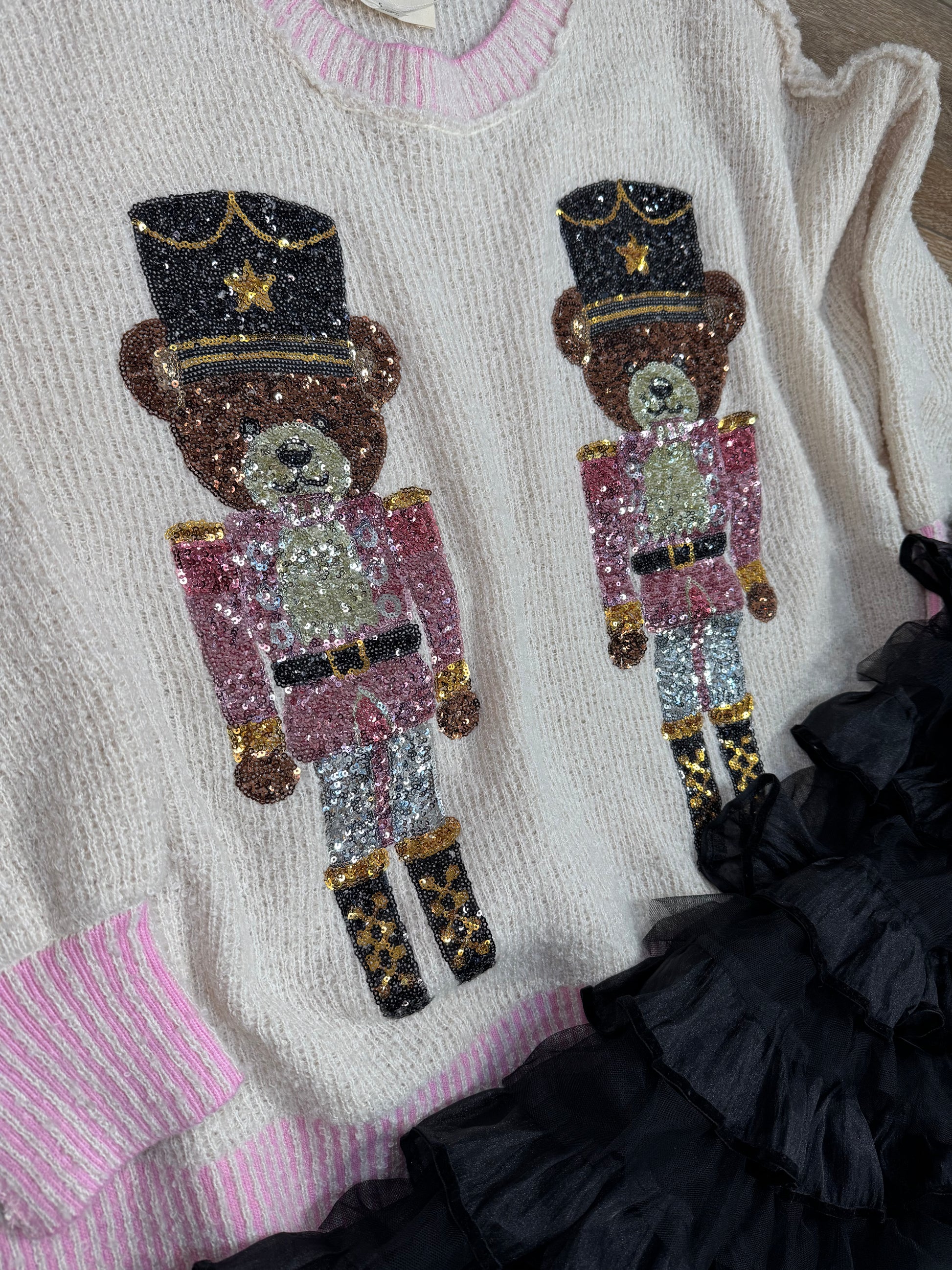 cream teddy bear sequin sweater pink slub knit christmas nutcracker