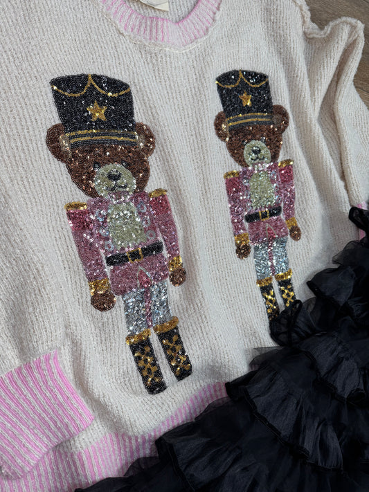 cream teddy bear sequin sweater pink slub knit christmas nutcracker