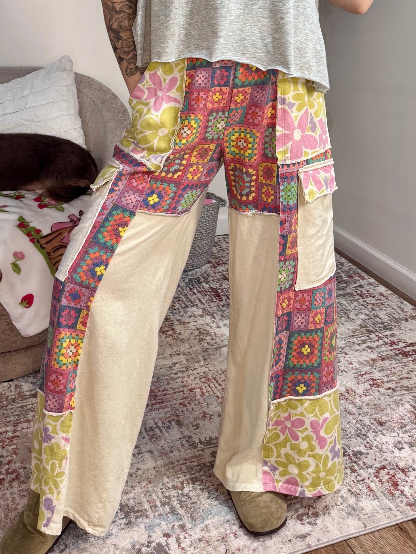 Boho Crochet Floral Patchwork Sweatpants