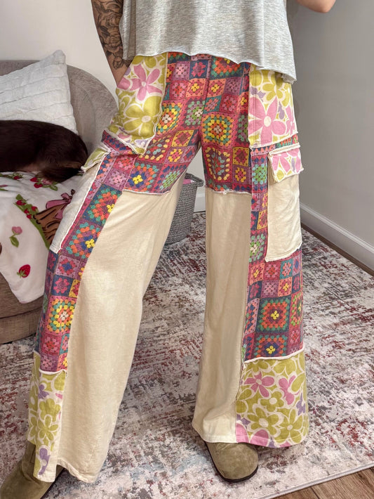 Boho Crochet Floral Patchwork Sweatpants