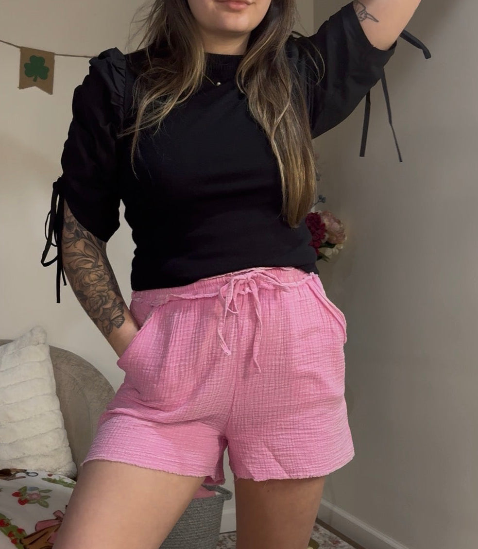  Washed Double Gauze Frayed Hem Shorts Candy Pink