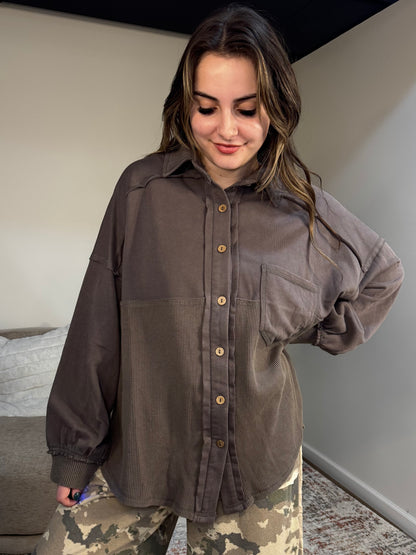 Judie Acid Wash Mixed Media Shacket