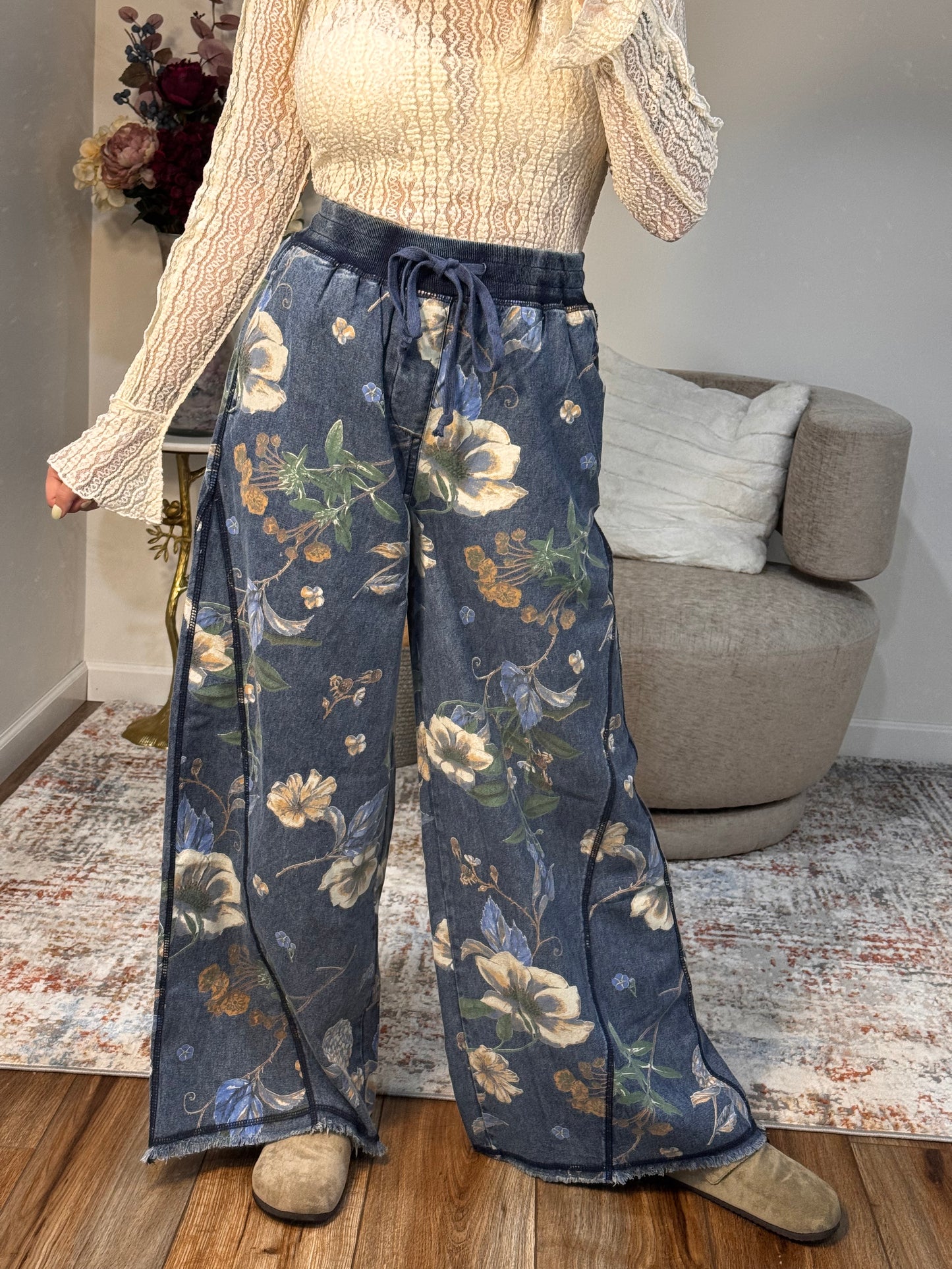 floral denim elastic waist wide leg