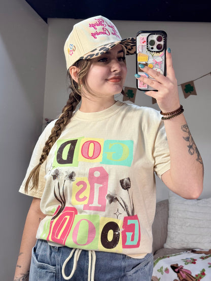 "god is good" magazine print tshirt colorful faith based spring graphic tshirt