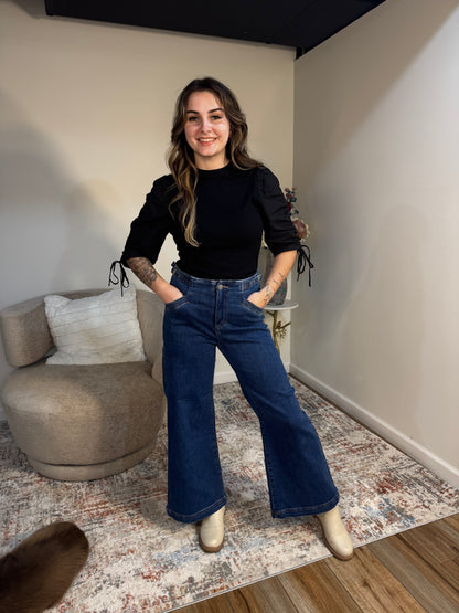 black mixed media sweater ruched puff sleeve 