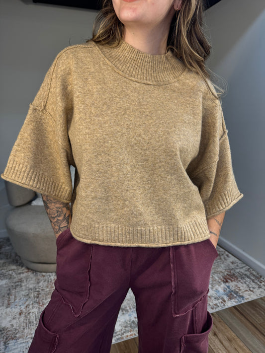  Mock Neck Short Sleeve Cropped Sweater Top mocha mousse