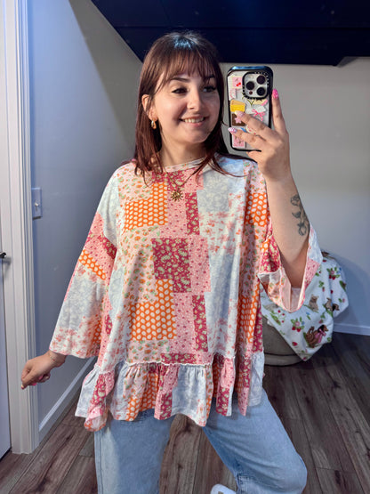 patchwork pattern easel cotton peplum top