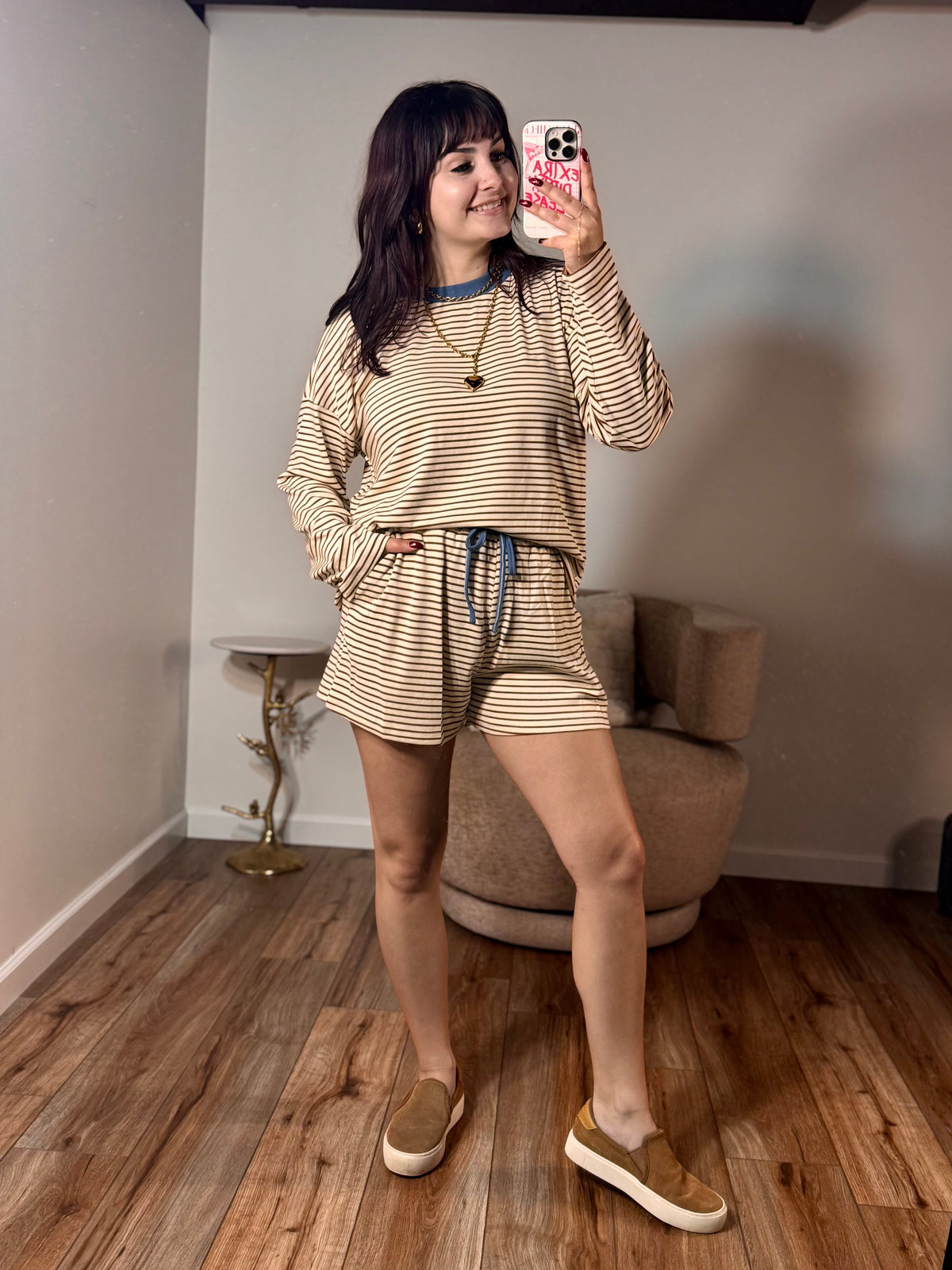 Karsyn Loose Fit Striped Dolman Sleeve Set, Beige