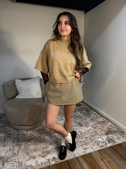  Mock Neck Short Sleeve Cropped Sweater Top mocha mousse