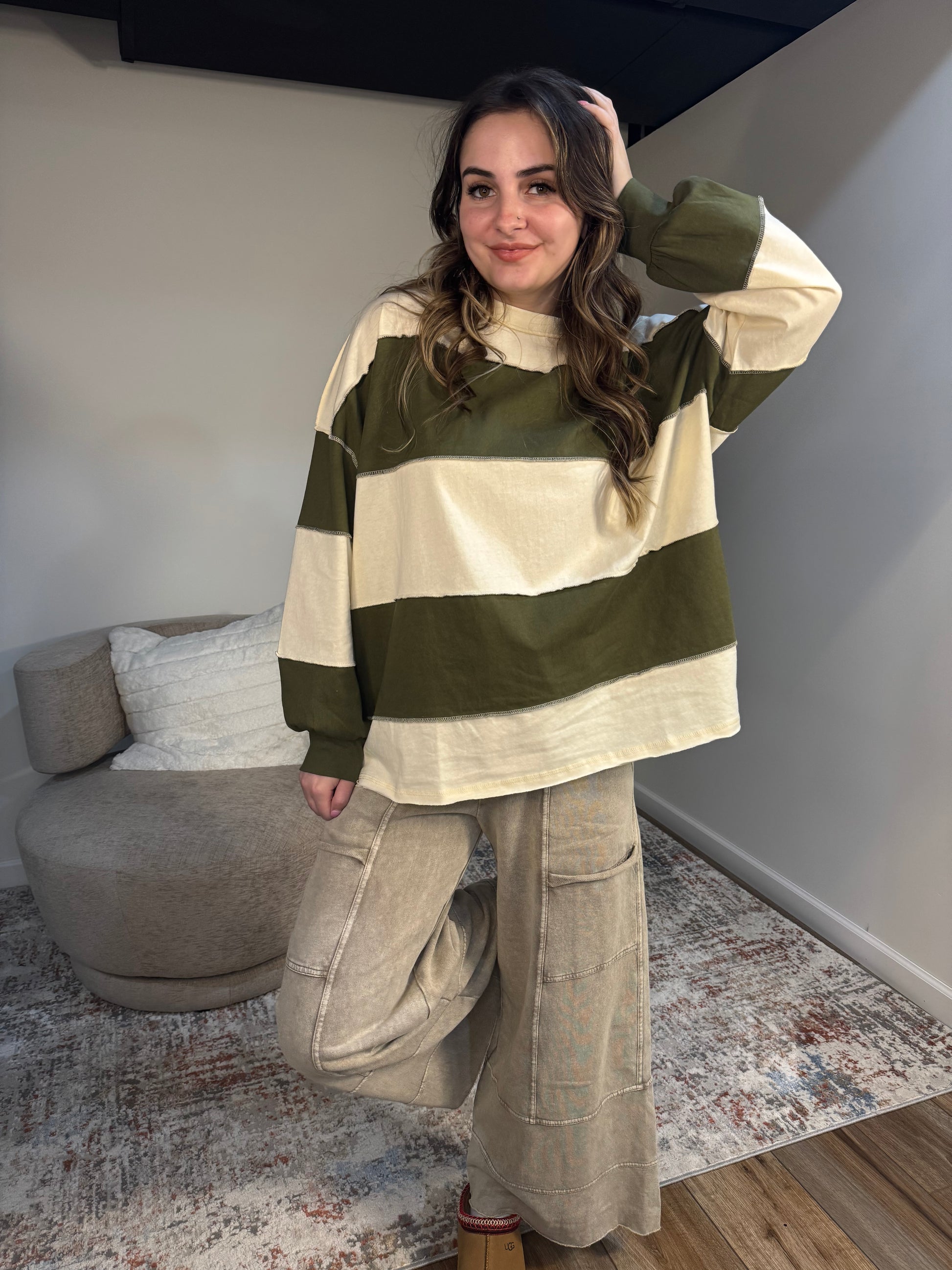 olive and cream striped rugby long sleeves contrast stitching panels