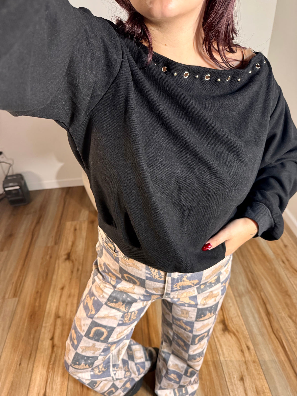 Rachelle Studded Boat Neck Sweatshirt, Black