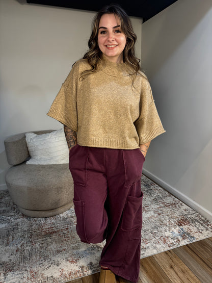  Mock Neck Short Sleeve Cropped Sweater Top mocha mousse