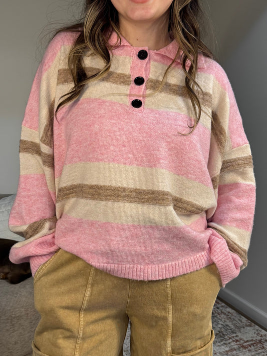 pink and brown Striped Rugby Sweater