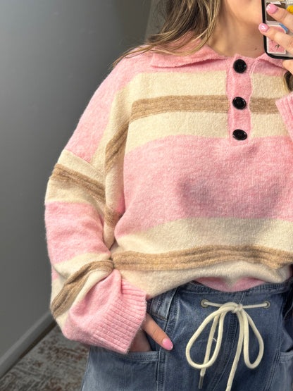 pink and brown Striped Rugby Sweater