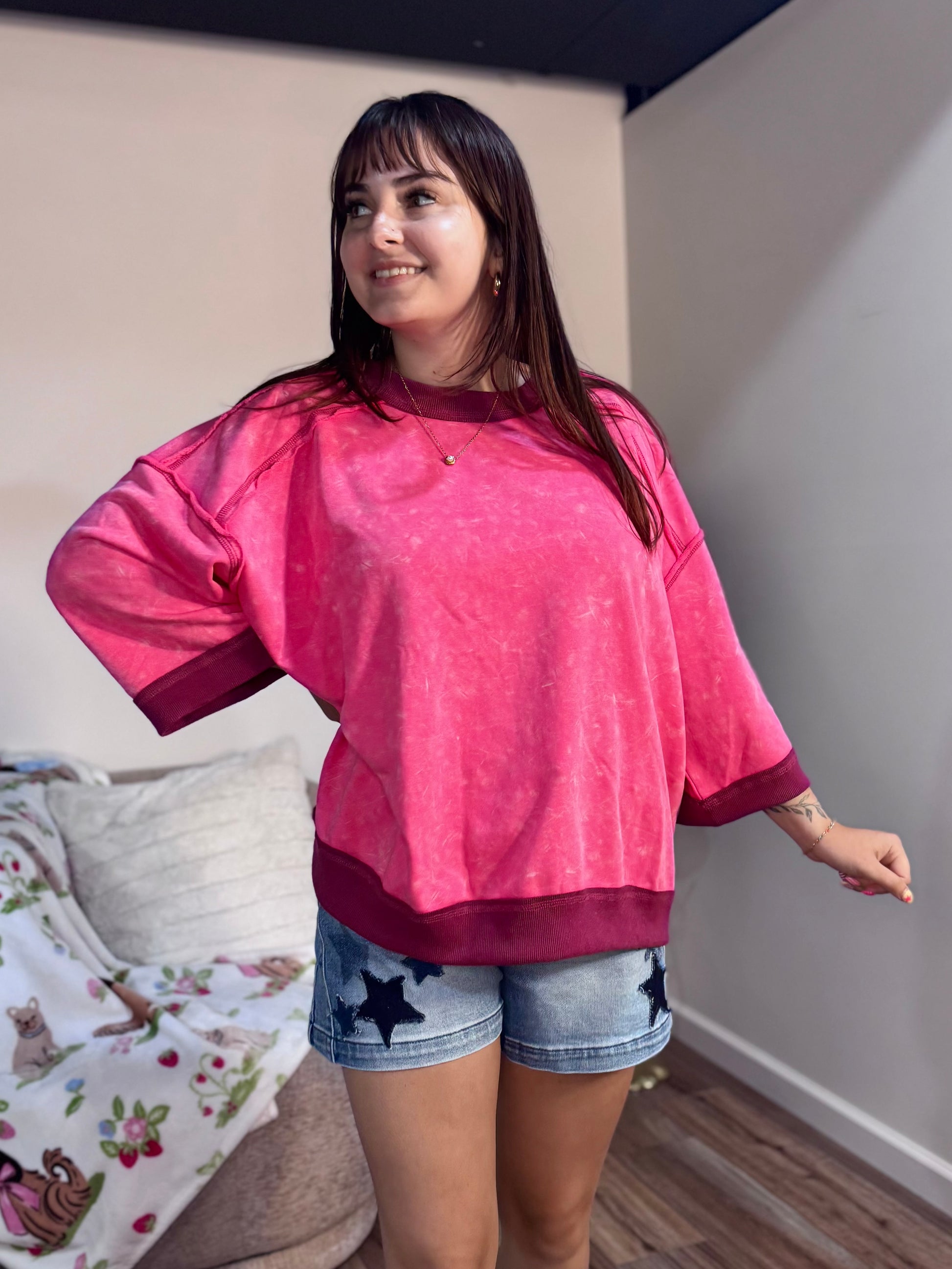 pink oversized washed Terry knit sweatshirt top