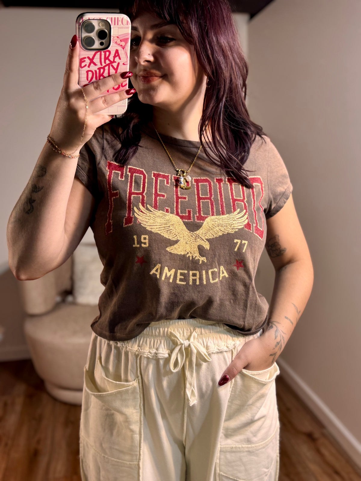 Free Bird Graphic Cropped Tee, Espresso