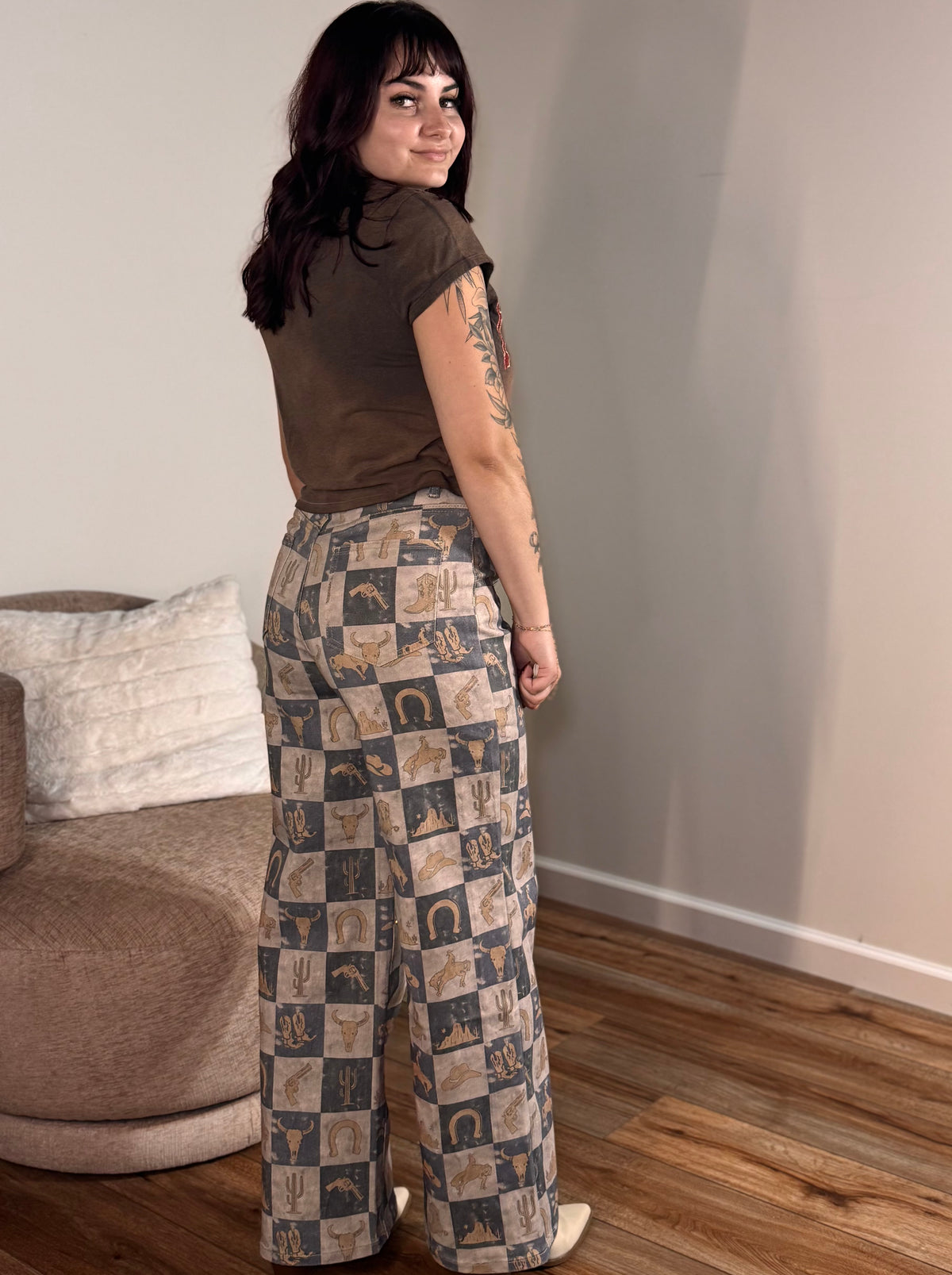 Wilder Checkerboard Wide Leg Denim Pants, Charcoal
