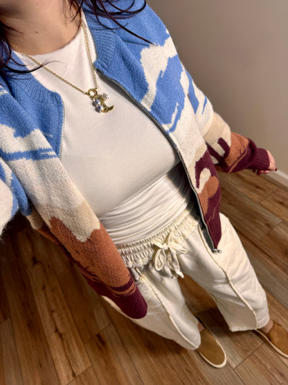 Sienna Desert Jacquard Bomber Sweater, Multi-Color