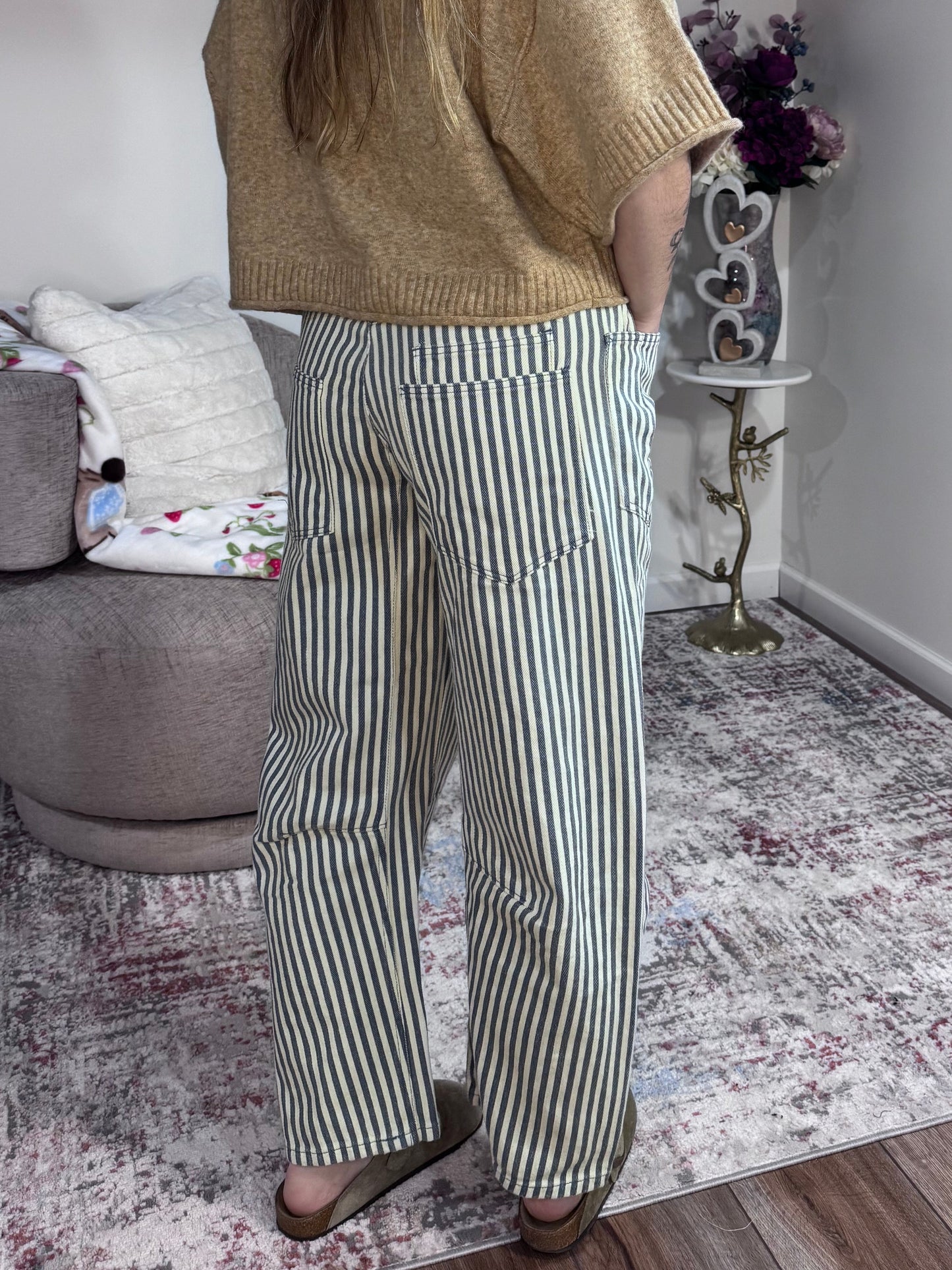 striped twill barrel leg utility pants navy and cream BiBi