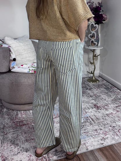 striped twill barrel leg utility pants navy and cream BiBi