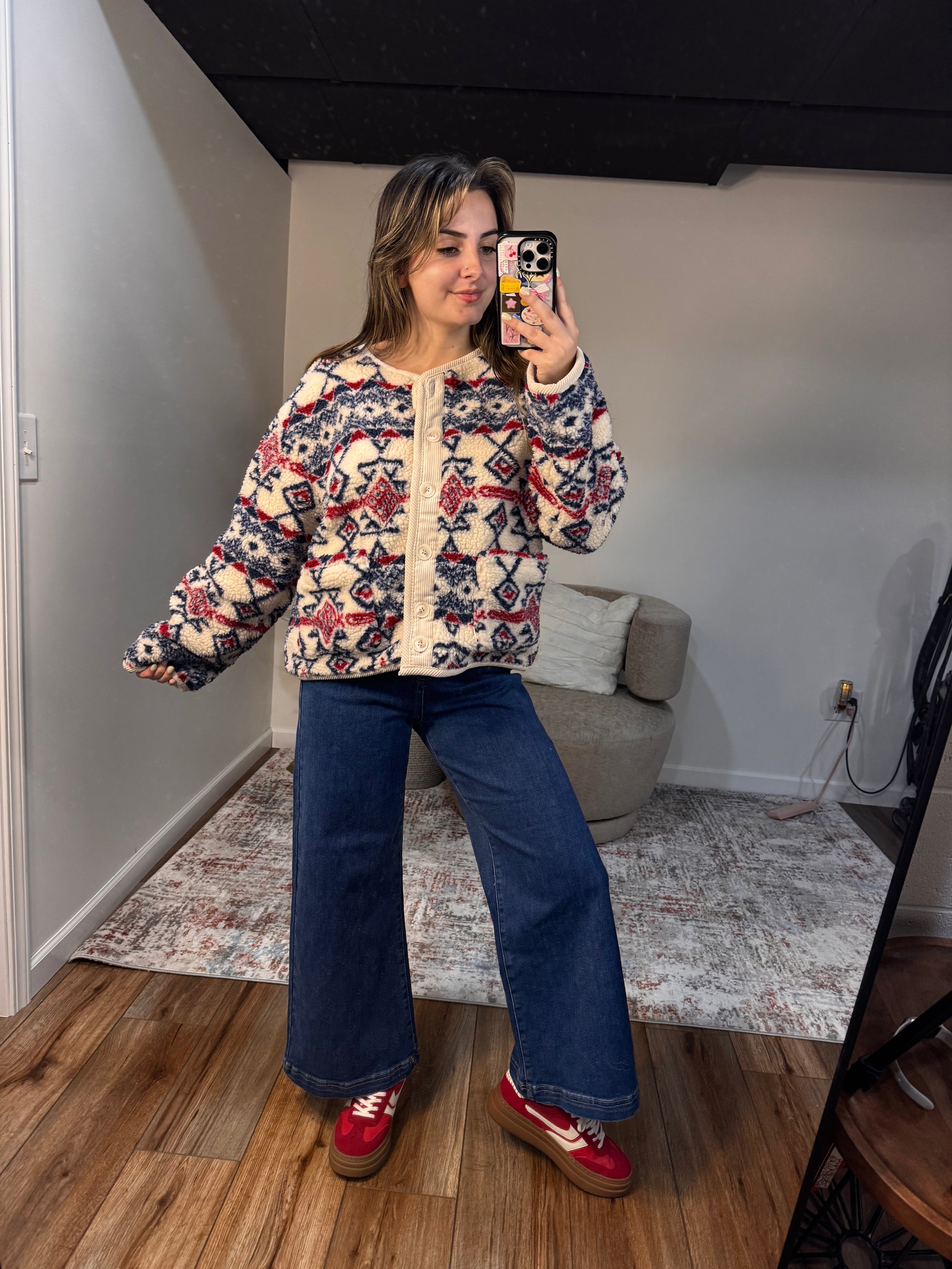 aztec tribal sherpa button up jacket nordic