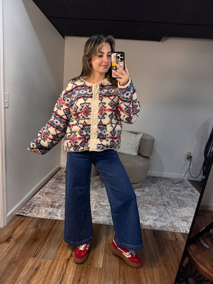 aztec tribal sherpa button up jacket nordic