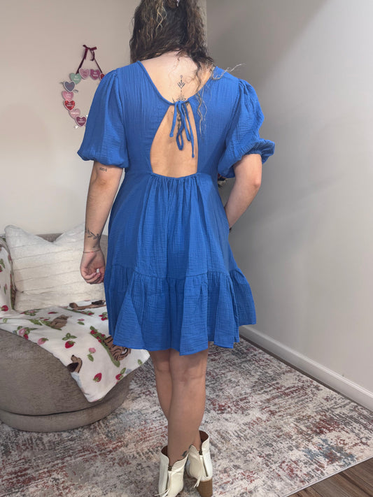 v neck puff sleeve tiered blue dress