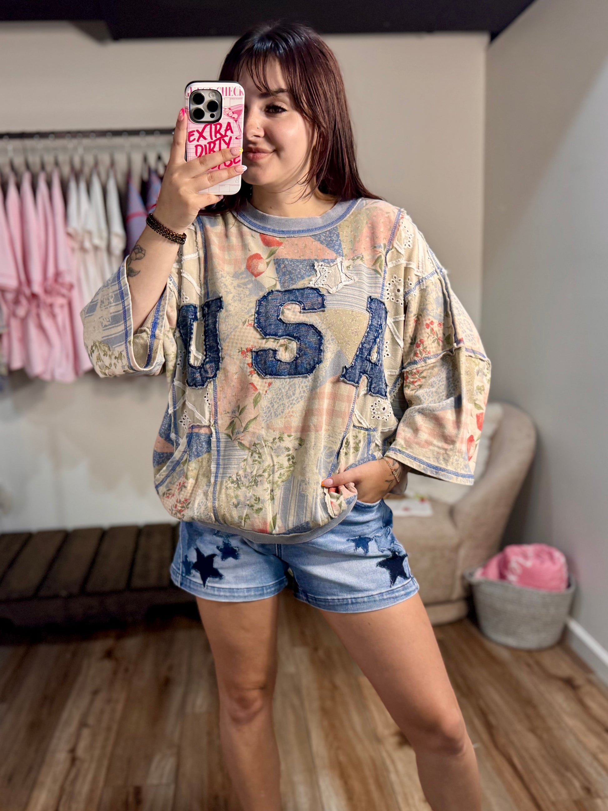 USA Patchwork Terry Pullover | Oversized Patriotic Graphic Sweatshirt