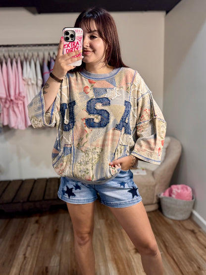 USA Patchwork Terry Pullover | Oversized Patriotic Graphic Sweatshirt