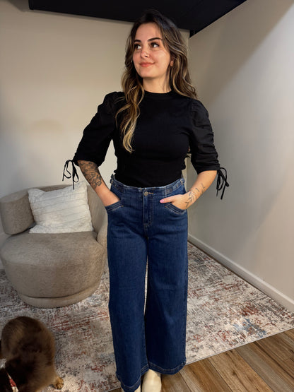 black mixed media sweater ruched puff sleeve 