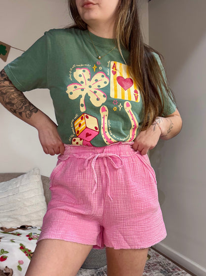  Washed Double Gauze Frayed Hem Shorts Candy Pink