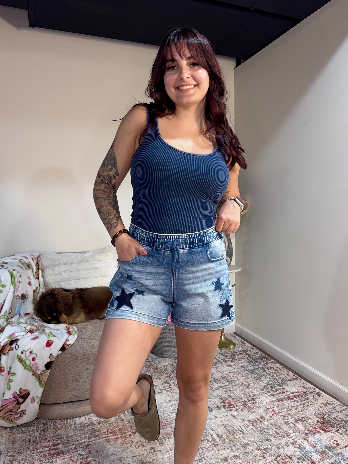 Slouchy denim shorts with star patch details and elastic drawstring waist