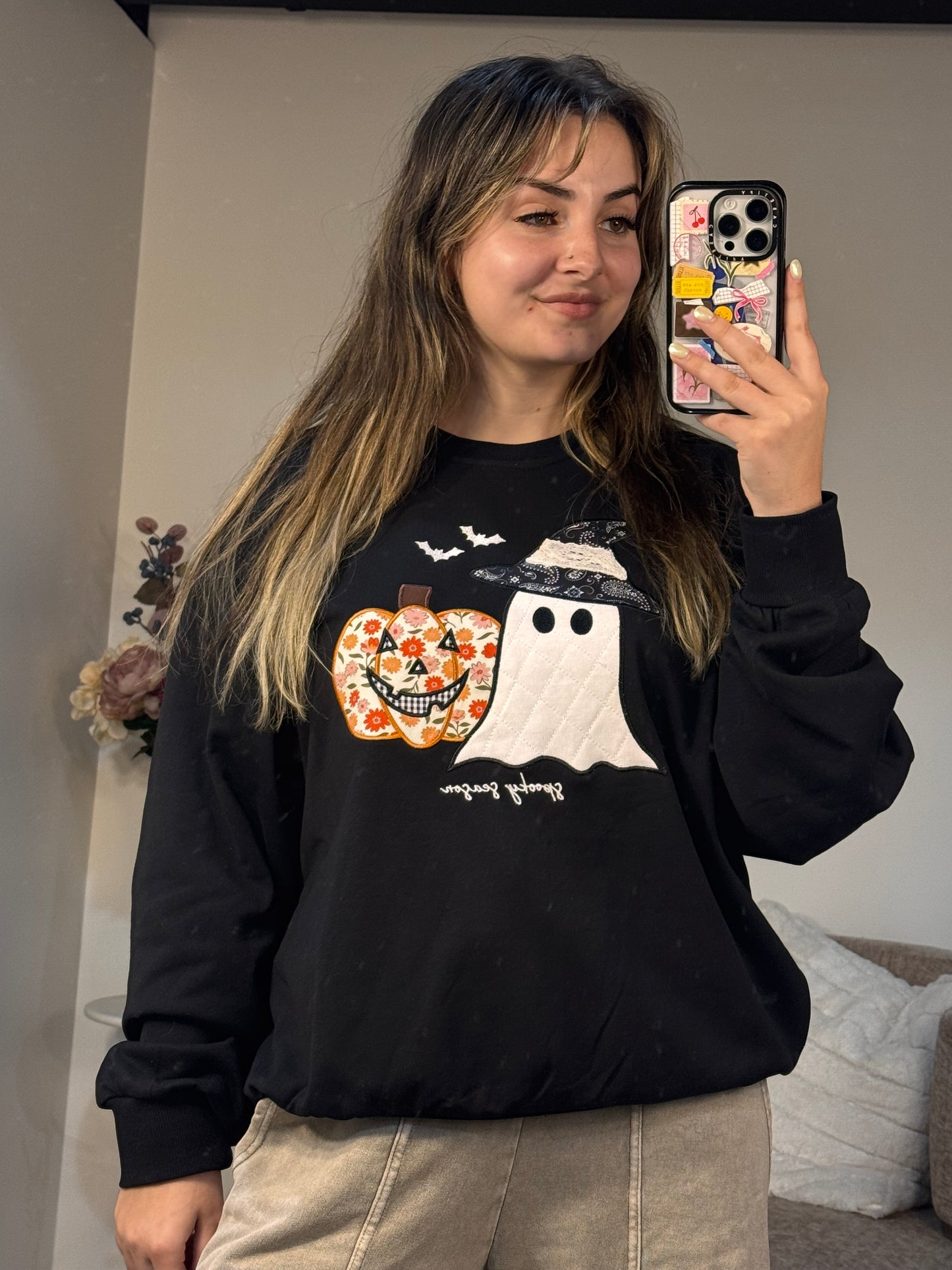 Halloween ghost pumpkin patchwork embroidered crewneck
