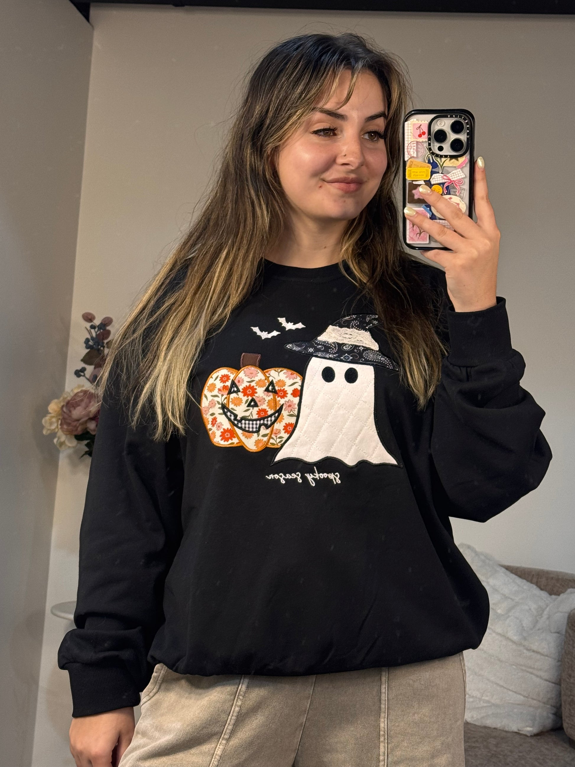 Halloween ghost pumpkin patchwork embroidered crewneck
