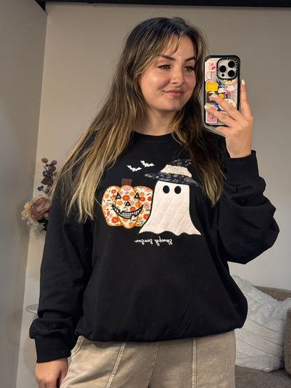 Halloween ghost pumpkin patchwork embroidered crewneck