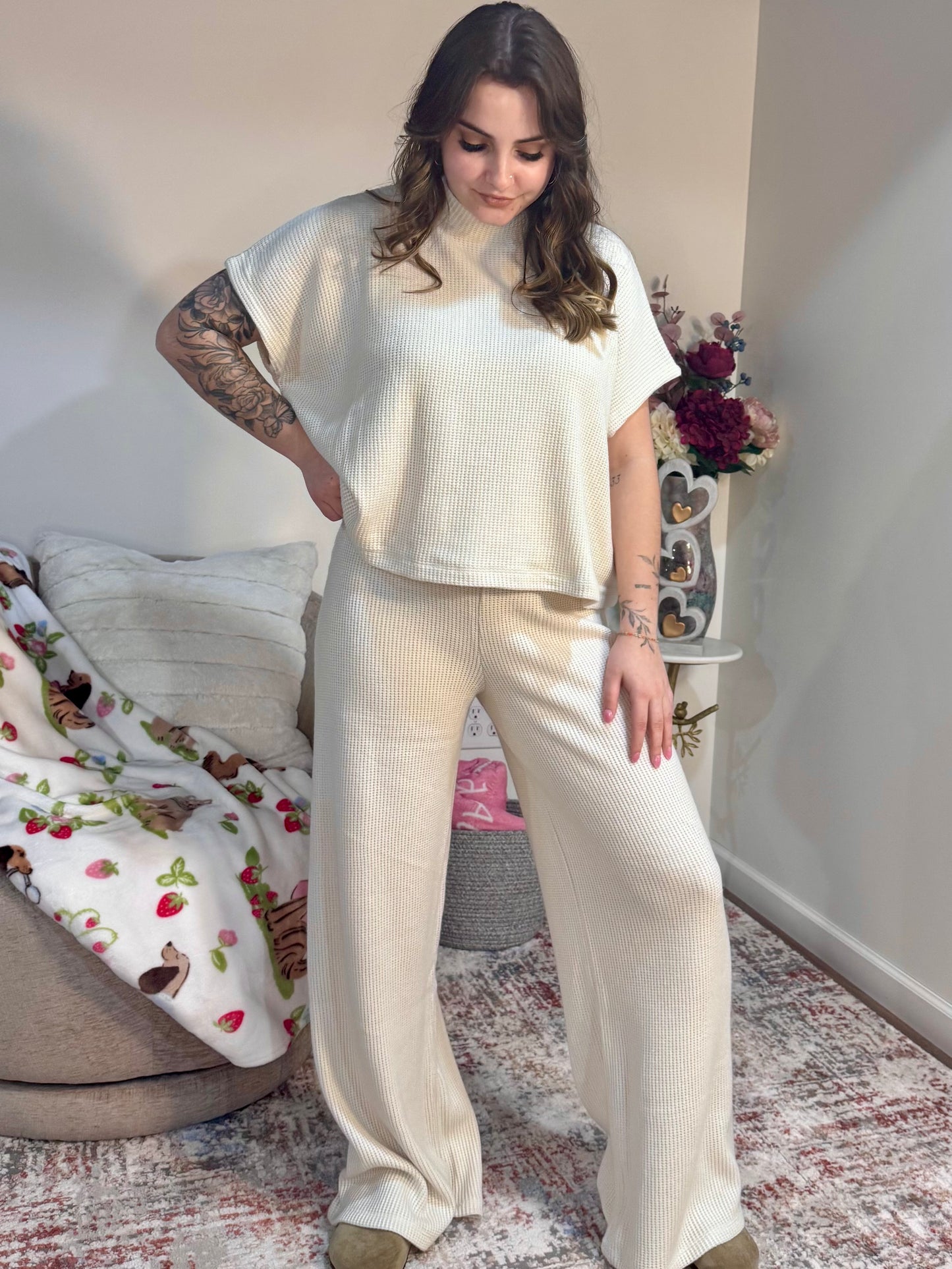 Matching Knit Cream wide leg Lounge Set 