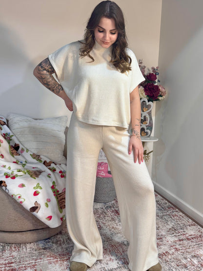 Matching Knit Cream wide leg Lounge Set 