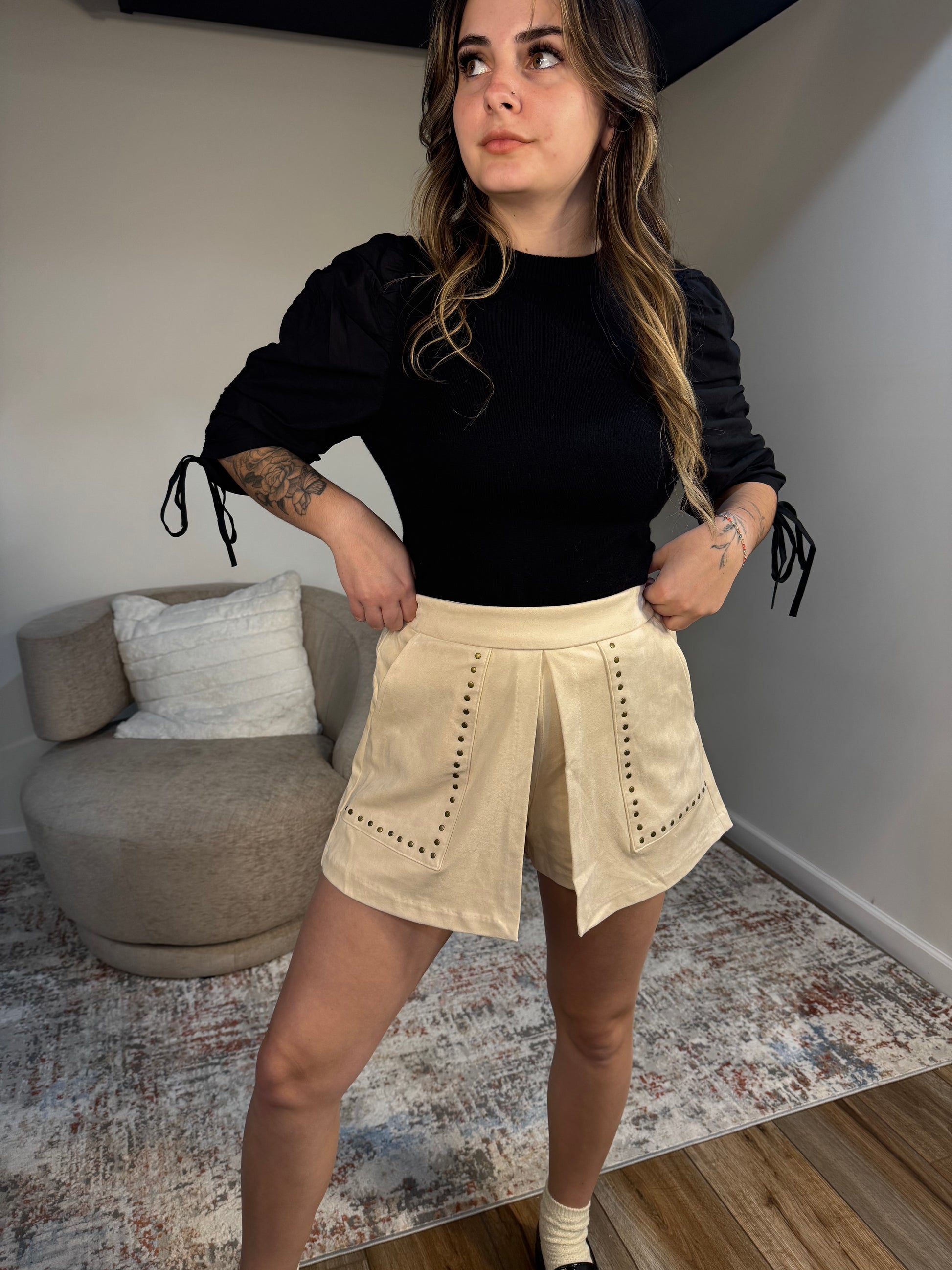 cream suede studded skort with pockets fall outfit