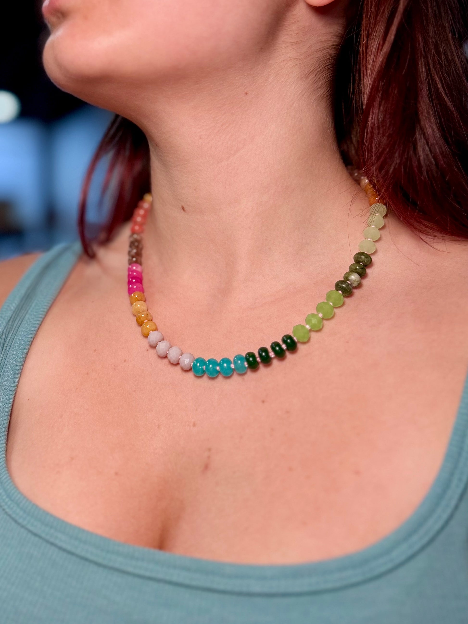 colorful beaded necklaces, agate bead jewelry, layered summer necklaces, trendy beaded chokers, or semi-precious gemstone necklaces