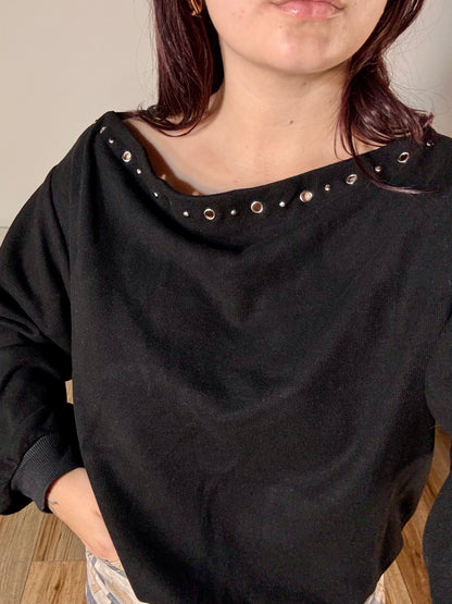 Rachelle Studded Boat Neck Sweatshirt, Black
