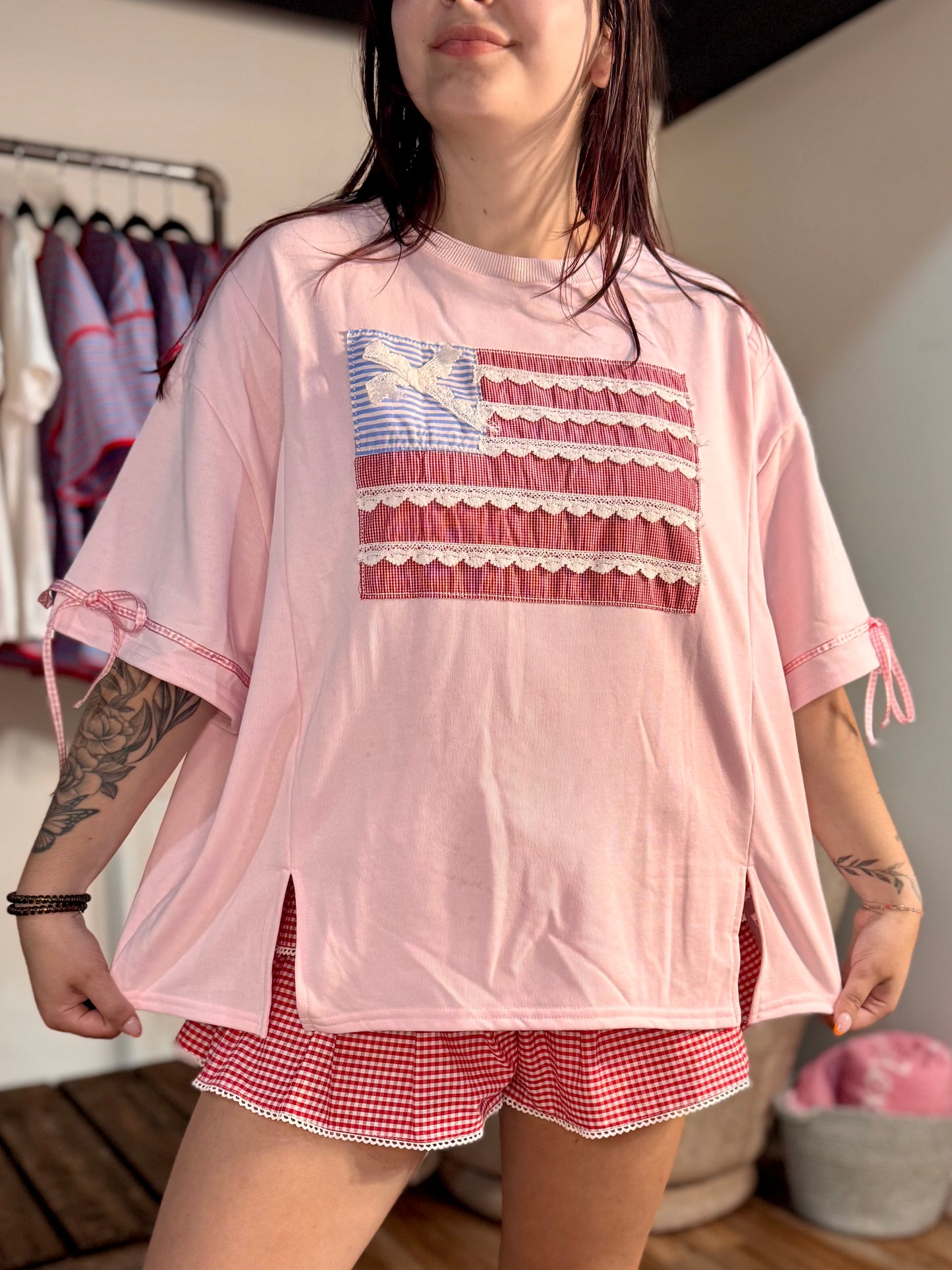Patriotic Ribbon Flag Top | Pink Fourth of July Oversized Shirt