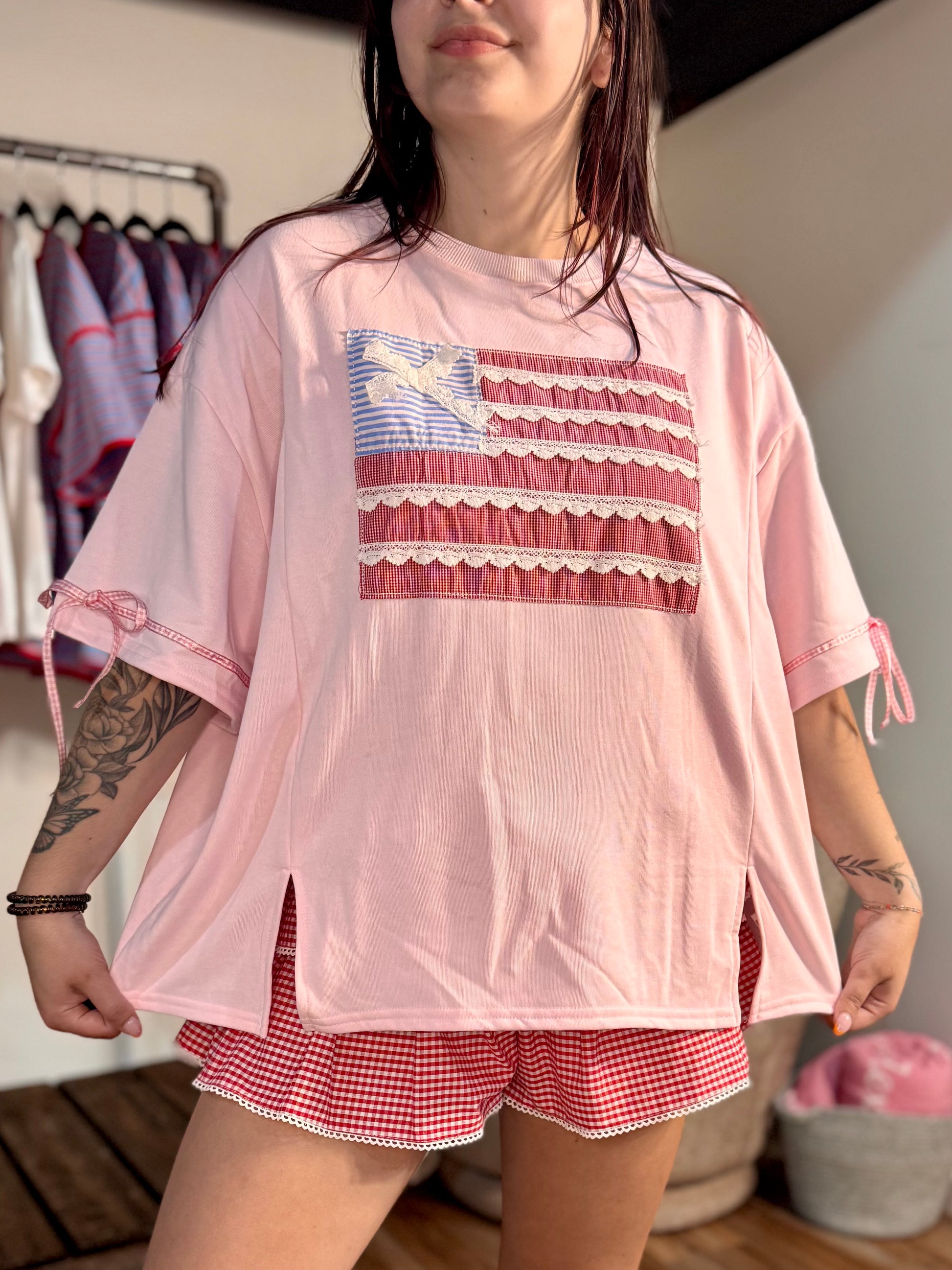 Patriotic Ribbon Flag Top | Pink Fourth of July Oversized Shirt