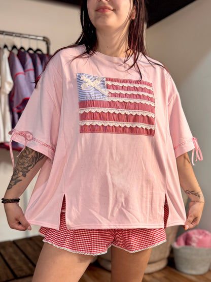 Patriotic Ribbon Flag Top | Pink Fourth of July Oversized Shirt