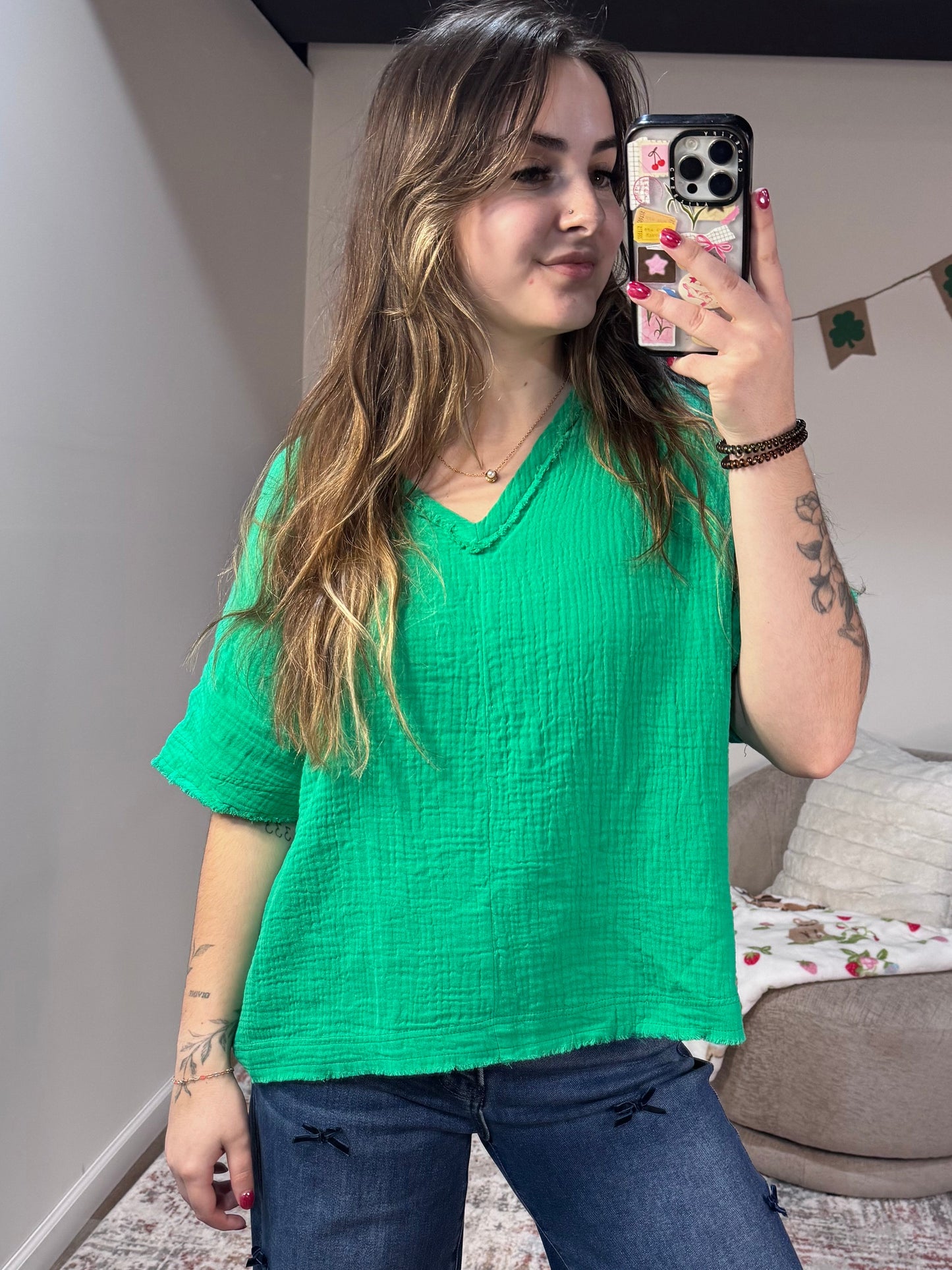 kelly green cotton gauze tunic shirt women's spring fashion
